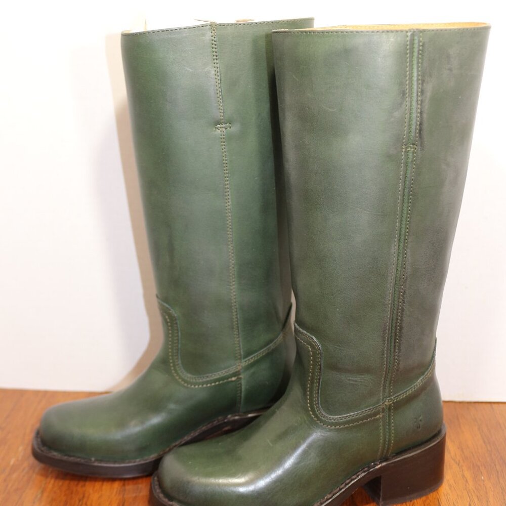 Frye Tall Leather Heeled Boots in Deep Green - Picture 2 of 6